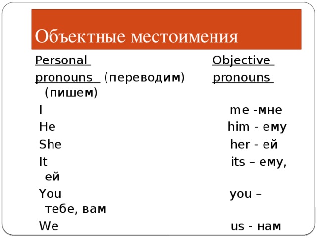Объектные местоимения Personal  Objective pronouns (переводим) pronouns (пишем)  I me -мне  He him - ему  She her - ей  It its – ему, ей  You you – тебе, вам  We us - нам  They them - им