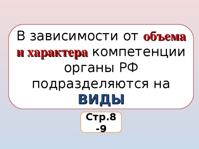 В зависимости от объема и характера компетенции органы РФ подразделяются на ВИДЫ Стр.8-9
