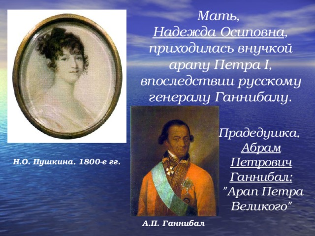 Мать, Надежда Осиповна , приходилась внучкой арапу Петра I , впоследствии русскому генералу Ганнибалу . Прадедушка, Абрам Петрович Ганнибал:  