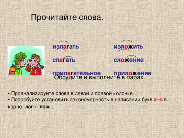 Прочитайте слова.   изл а гать сл а гать прил а гательное  изл о жить сл о жение прил о жение  изл а г ать сл а г ать прил а г ательное  изл о ж ить сл о ж ение прил о ж ение  Обсудите и выполните в парах. • Проанализируйте слова в левой и правой колонке.  • Попробуйте установить закономерность в написании букв а – о в корне - лаг -/- лож - .