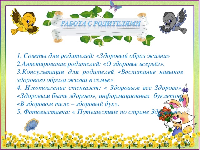 1. Советы для родителей: «Здоровый образ жизни» 2.Анкетирование родителей: «О здоровье всерьёз». 3.Консультация для родителей «Воспитание навыков здорового образа жизни в семье» 4. Изготовление стенгазет: « Здоровым все Здорово», «Здоровым быть здорово», информационных буклетов: «В здоровом теле – здоровый дух». 5. Фотовыставка: « Путешествие по стране Здоровья».