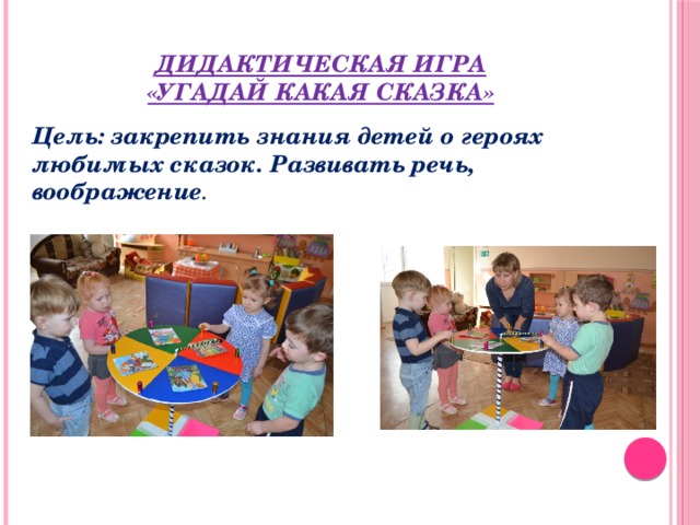 Дидактическая игра  «Угадай какая сказка» Цель: закрепить знания детей о героях любимых сказок. Развивать речь, воображение .