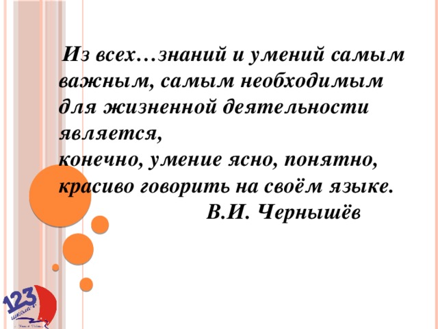 Из всех…знаний и умений самым важным, самым необходимым для жизненной деятельности является, конечно, умение ясно, понятно, красиво говорить на своём языке.  В.И. Чернышёв