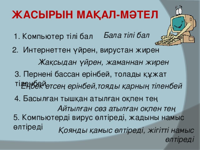 Жасырын мақал-мәтел Бала тілі бал 1. Компьютер тілі бал 2. Интернеттен үйрен, вирустан жирен Жақсыдан үйрен, жаманнан жирен 3. Пернені бассан ерінбей, толады құжат тіленбей Еңбек етсең ерінбей,тояды қарның тіленбей 4. Басылған тышқан атылған оқпен тең Айтылған сөз атылған оқпен тең 5. Компьютерді вирус өлтіреді, жадыны намыс өлтіреді Қоянды қамыс өлтіреді, жігітті намыс өлтіреді