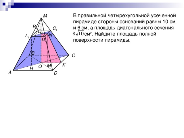 В правильной четырехугольной усеченной пирамиде стороны оснований равны 10 см и 6 см, а площадь диагонального сечения  см 2 . Найдите площадь полной поверхности пирамиды. М В 1 С 1 О 1 N А 1 D 1 В С К М О Н А D