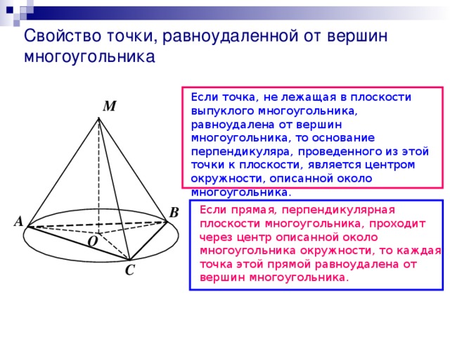 Свойство точки, равноудаленной от вершин многоугольника Если точка, не лежащая в плоскости выпуклого многоугольника, равноудалена от вершин многоугольника, то основание перпендикуляра, проведенного из этой точки к плоскости, является центром окружности, описанной около многоугольника. М В Если прямая, перпендикулярная плоскости многоугольника, проходит через центр описанной около многоугольника окружности, то каждая точка этой прямой равноудалена от вершин многоугольника. А О С