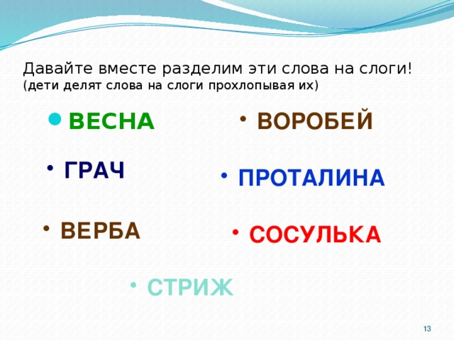 Давайте вместе разделим эти слова на слоги!  (дети делят слова на слоги прохлопывая их) ВОРОБЕЙ ВЕСНА ГРАЧ ПРОТАЛИНА ВЕРБА СОСУЛЬКА СТРИЖ