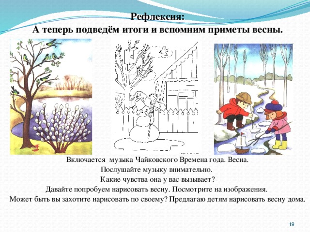 Рефлексия: А теперь подведём итоги и вспомним приметы весны.  Включается музыка Чайковского Времена года. Весна. Послушайте музыку внимательно. Какие чувства она у вас вызывает? Давайте попробуем нарисовать весну. Посмотрите на изображения. Может быть вы захотите нарисовать по своему? Предлагаю детям нарисовать весну дома.