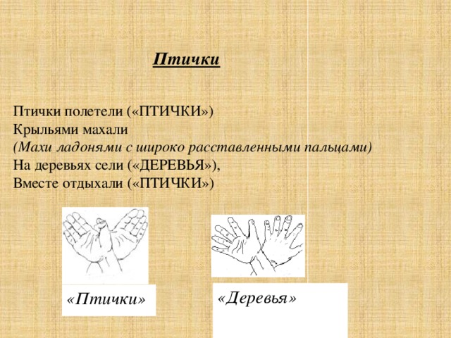 Птички Птички полетели («ПТИЧКИ»)  Крыльями махали  (Махи ладонями с широко расставленными пальцами)  На деревьях сели («ДЕРЕВЬЯ»),  Вместе отдыхали («ПТИЧКИ») «Деревья» «Птички» «Деревья» «Птички»