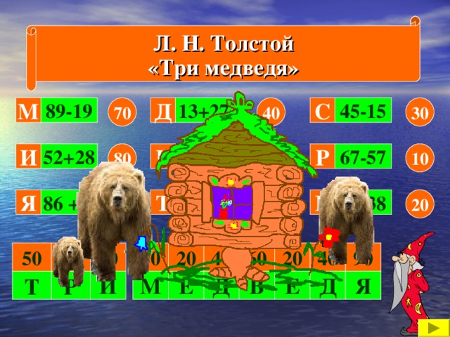 Л. Н. Толстой «Три медведя» Расшифруй название сказки. Кто её написал? Д М 30 40 С 70 45-15 13+27 89-19 80 67-57 60 18+42 Р 10 52+28 И В 50 90 Я Т Е 58-38 25+25 86 + 4 20 20 50 70 80 20 60 40 90 40 10 Р Т И Д Е В Д Е М Я