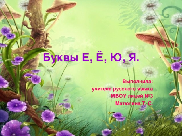 Буквы Е, Ё, Ю, Я. Выполнила: учитель русского языка МБОУ лицей №3 Матюгина Т. С.