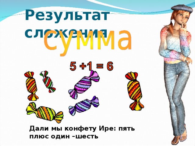 Результат сложения Дали мы конфету Ире: пять плюс один –шесть