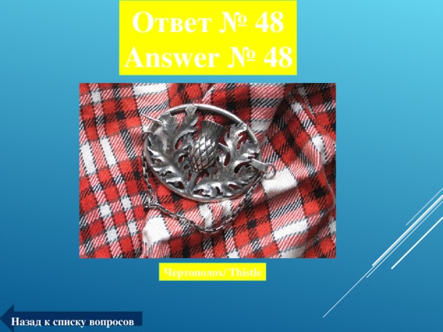 Ответ № 4 8  Answer № 4 8 Чертополох/ Thistle Назад к списку вопросов