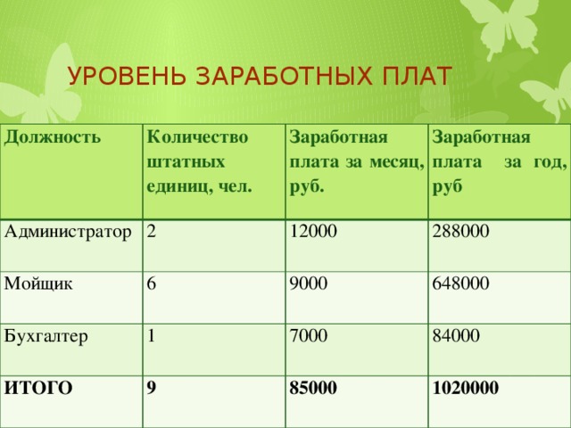 Уровень заработных плат Должность Количество штатных единиц, чел. Администратор 2 Мойщик Заработная плата за месяц, руб. Бухгалтер 6 12000 Заработная плата за год, руб 288000 1 9000 ИТОГО 648000 7000 9 84000 85000 1020000