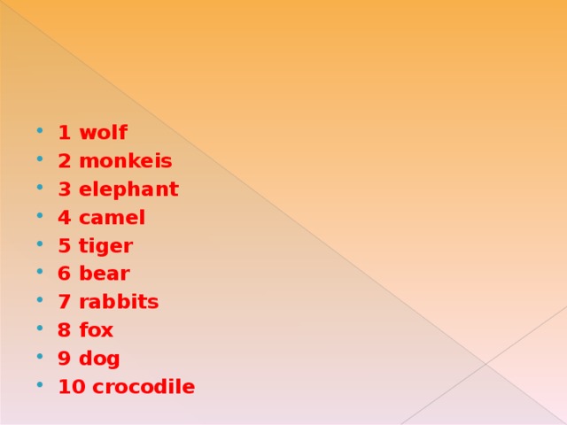 1 wolf 2 monkeis 3 elephant 4 camel 5 tiger 6 bear 7 rabbits 8 fox 9 dog 10 crocodile