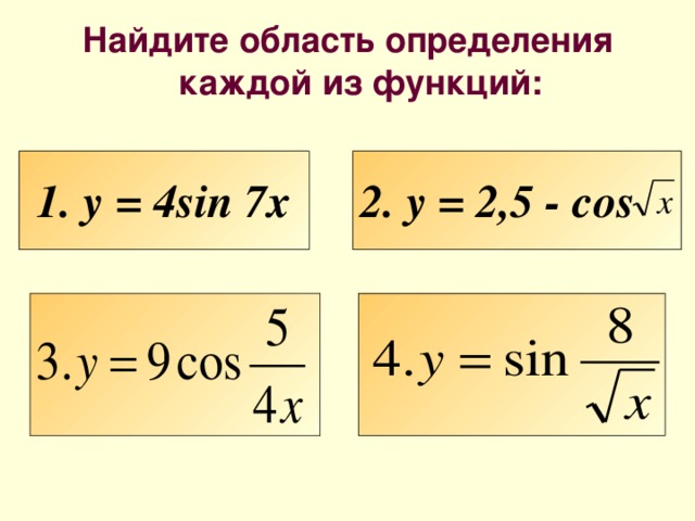 Найдите область определения каждой из функций: 2. у = 2,5 - cos 1. y = 4sin 7x