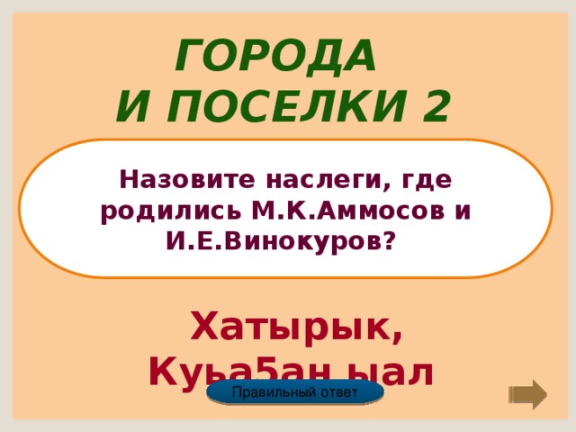 Города и поселки 2 Назовите наслеги, где родились М.К.Аммосов и И.Е.Винокуров? Хатырык, Куьа5ан ыал Правильный ответ