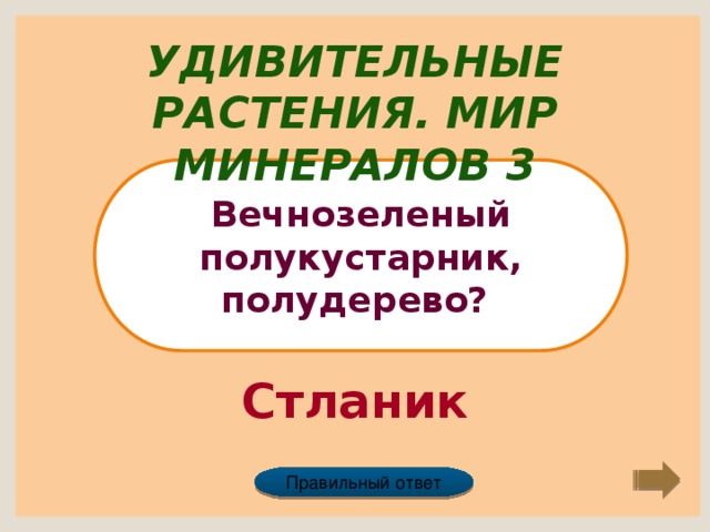 Удивительные растения. Мир минералов 3 Вечнозеленый полукустарник, полудерево? Стланик Правильный ответ