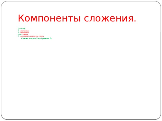 Компоненты сложения. 2+4=6 2 - слагаемое 4 - слагаемое 2+4 – сумма 6 – результат сложения, сумма.   Сумма чисел 2 и 4 равна 6.