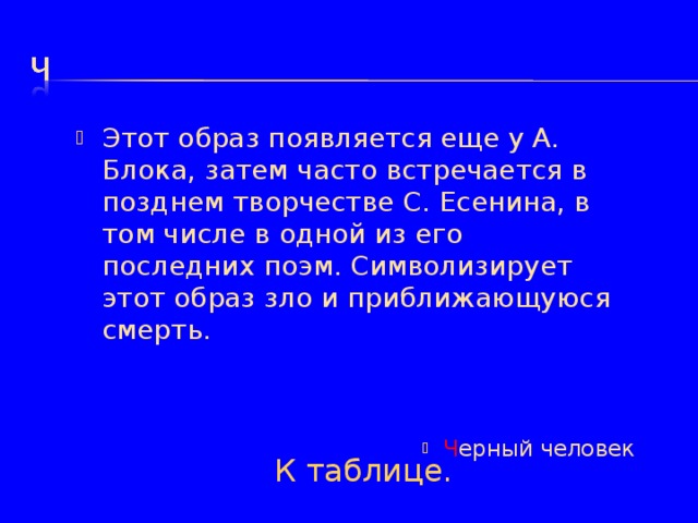 Этот образ появляется еще у А. Блока, затем часто встречается в позднем творчестве С. Есенина, в том числе в одной из его последних поэм. Символизирует этот образ зло и приближающуюся смерть. Ч ерный человек