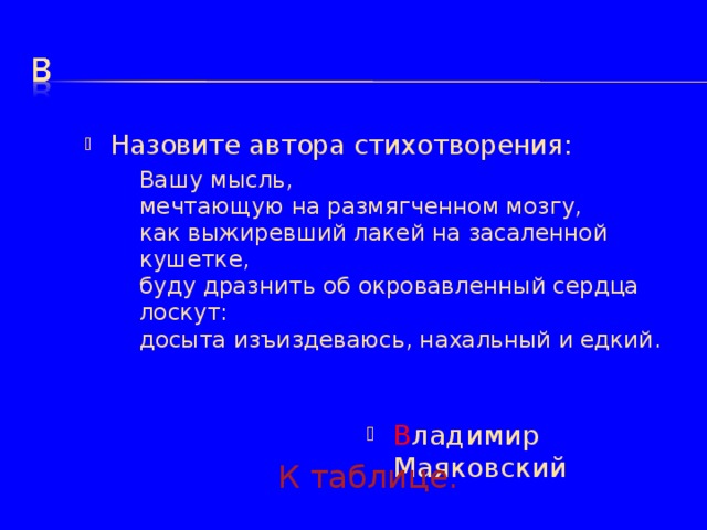 Назовите автора стихотворения:   Вашу мысль,  мечтающую на размягченном мозгу,  как выжиревший лакей на засаленной кушетке,  буду дразнить об окровавленный сердца лоскут:  досыта изъиздеваюсь, нахальный и едкий.   Вашу мысль,  мечтающую на размягченном мозгу,  как выжиревший лакей на засаленной кушетке,  буду дразнить об окровавленный сердца лоскут:  досыта изъиздеваюсь, нахальный и едкий. В ладимир Маяковский