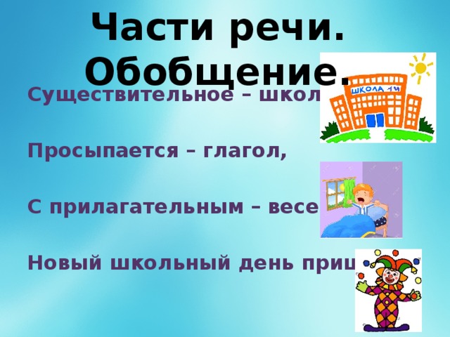 Части речи. Обобщение. Существительное – школа,  Просыпается – глагол,  С прилагательным – веселый,  Новый школьный день пришел.