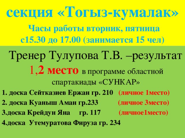 секция «Тогыз-кумалак»   Часы работы вторник, пятница  с15.30 до 17.00 (занимается 15 чел)  Тренер Тулупова Т.В. –результат 1, 2 место в программе областной спартакиады «СУНКАР» 1. доска Сейтказиев Ержан гр. 210 (личное 1место) 2. доска Куаныш Аман гр.233 (личное 3место) 3.доска Крейдун Яна гр. 117 (личное1место) 4.доска Утемуратова Фируза гр. 234