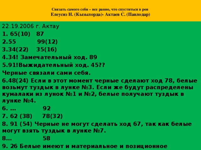 Связать самого себя – все равно, что спуститься в ров  Елеусиз Н. (Кызылорда)- Актаев С. (Павлодар)   22.19.2006 г. Актау 1. 65(10) 87 2.55 99(12) 3.34(22) 35(16) 4.34! Замечательный ход. 89 5.91!Выжидательный ход. 45?? Черные связали сами себя. 6.48(24) Если в этот момент черные сделают ход 78, белые возьмут туздык в лунке №3. Если же будут распределены кумалаки из лунок №1 и №2, белые получают туздык в лунке №4. 6. … 92 7. 62 (38) 78(32) 8. 91 (54) Черные не могут сделать ход 67, так как белые могут взять туздык в лунке №7. 8… 58 9. 26 Белые имеют и материальное и позиционное преимущество. Черные признают свое поражение. Счет 1-0.