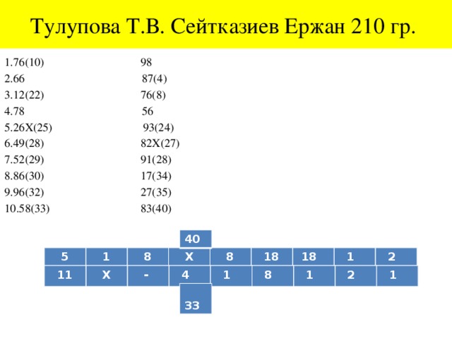 Тулупова Т.В. Сейтказиев Ержан 210 гр. 1.76(10) 98 2.66 87(4) 3.12(22) 76(8) 4.78 56 5.26X(25) 93(24) 6.49(28) 82X(27) 7.52(29) 91(28) 8.86(30) 17(34) 9.96(32) 27(35) 10.58(33) 83(40) 40  5  1  8  X  8  18  18  1  2  11  X  -  4  1  8  1  2  1  33