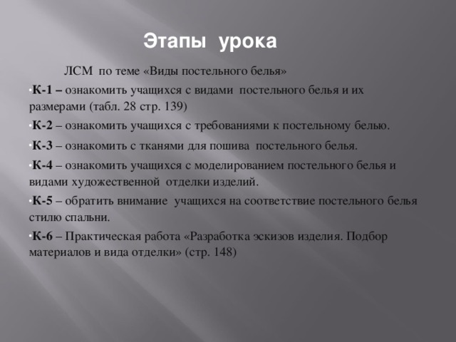 Этапы урока  ЛСМ по теме «Виды постельного белья»