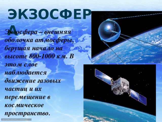 ЭКЗОСФЕРА Экзосфера – внешняя оболочка атмосферы, берущая начало на высоте 800-1000 км. В этом слое наблюдается движение газовых частиц и их перемещение в космическое пространство.
