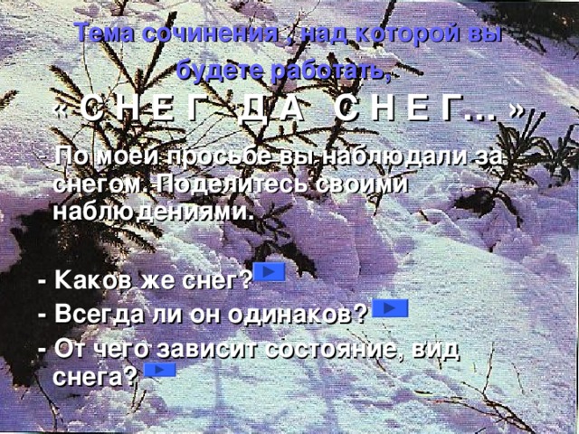 Тема сочинения , над которой вы будете работать,   « С Н Е Г Д А С Н Е Г… »  - По моей просьбе вы наблюдали за снегом. Поделитесь своими наблюдениями.   - Каков же снег?  - Всегда ли он одинаков?  - От чего зависит состояние, вид снега?