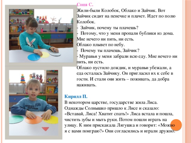 Соня С. Жили-были Колобок, Облако и Зайчик. Вот Зайчик сидит на пенечке и плачет. Идет по полю Колобок. - Зайчик, почему ты плачешь? - Потому, что у меня пропали бублики из дома. Мне нечего ни пить, ни есть. Облако плывет по небу. - Почему ты плачешь, Зайчик? - Муравьи у меня забрали всю еду. Мне нечего ни пить, ни есть. Облако пустило дождик, и муравьи убежали, а еда осталась Зайчику. Он пригласил их к себе в гости. И стали они жить – поживать, да добра наживать. Кирилл П. В некотором царстве, государстве жила Лиса. Однажды Солнышко пришло к Лисе и сказало: «Вставай, Лиса! Хватит спать!» Лиса встала и пошла, чистить зубы и мыть руки. Потом пошли играть на улицу. К ним прискакала Лягушка и говорит: «Можно я с вами поиграю?» Они согласились и играли дружно.