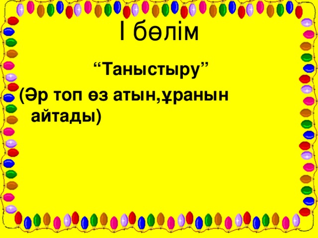 І бөлім “ Таныстыру” (Әр топ өз атын,ұранын айтады)