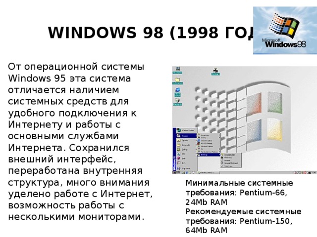 Windows 98 (1998 год) От операционной системы Windows 95 эта система отличается наличием системных средств для удобного подключения к Интернету и работы с основными службами Интернета. Сохранился внешний интерфейс, переработана внутренняя структура, много внимания уделено работе с Интернет, возможность работы с несколькими мониторами. Минимальные системные требования: Pentium-66, 24Mb RAM  Рекомендуемые системные требования: Pentium-150, 64Mb RAM