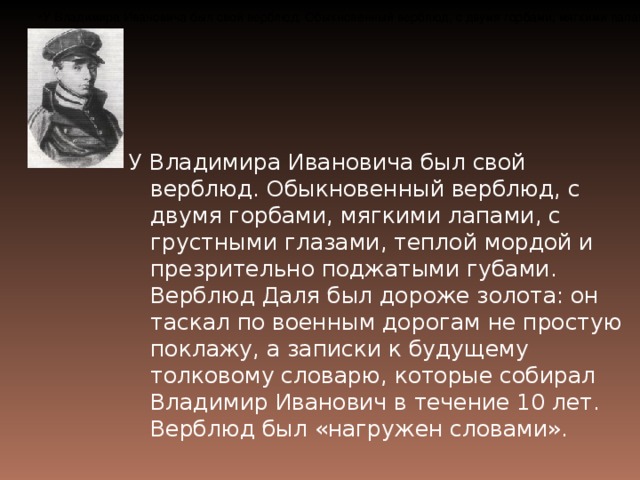 У Владимира Ивановича был свой верблюд. Обыкновенный верблюд, с двумя горбами, мягкими лапами, с грустными глазами, теплой мордой и презри­тельно поджатыми губами. Верблюд Даля был дороже золота: он таскал по военным дорогам не простую поклажу, а записки к будущему толковому словарю, которые собирал Владимир Иванович в течение 10 лет. Верблюд был «нагружен словами».  У Владимира Ивановича был свой верблюд. Обыкновенный верблюд, с двумя горбами, мягкими лапами, с грустными глазами, теплой мордой и презри­тельно поджатыми губами. Верблюд Даля был дороже золота: он таскал по военным дорогам не простую поклажу, а записки к будущему толковому словарю, которые собирал Владимир Иванович в течение 10 лет. Верблюд был «нагружен словами».