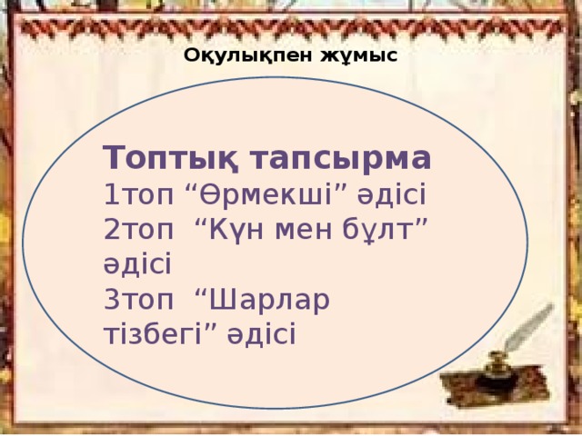 Оқулықпен жұмыс   Топтық тапсырма 1топ “Өрмекші” әдісі 2топ “Күн мен бұлт” әдісі 3топ “Шарлар тізбегі” әдісі