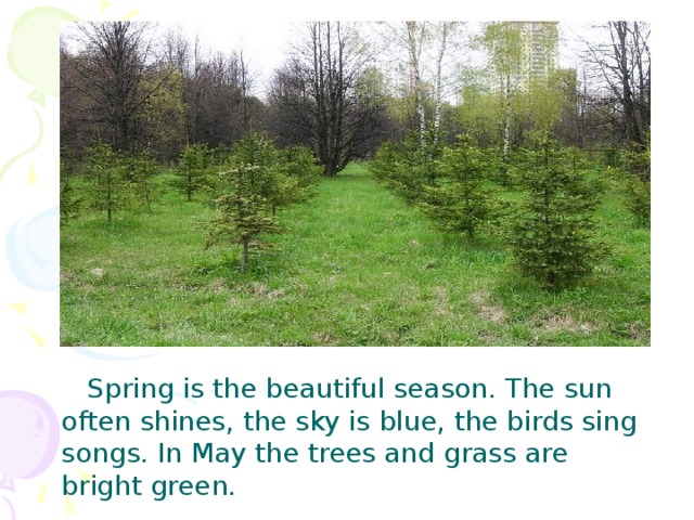 Spring is the beautiful season. The sun often shines, the sky is blue, the birds sing songs. In May the trees and grass are bright green.