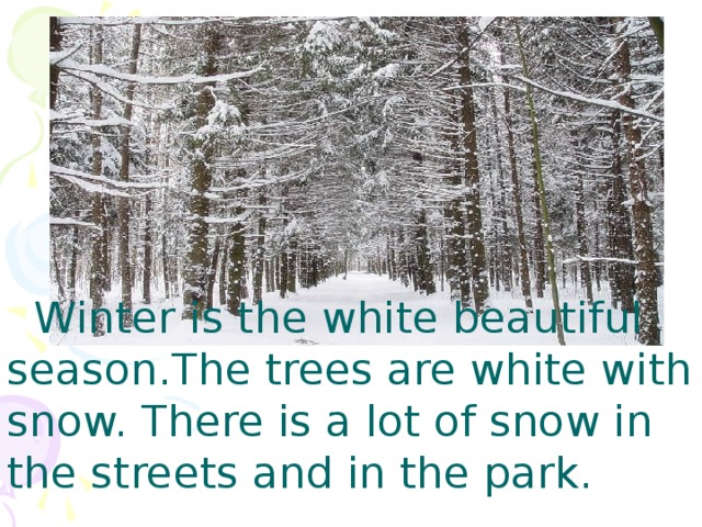 Winter is the white beautiful season.The trees are white with snow. There is a lot of snow in the streets and in the park.