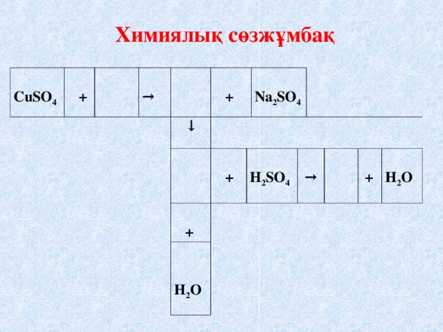 Химиялық сөзжұмбақ  CuSO 4   +  →   + ↓  Na 2 SO 4   +   +  H 2 SO 4   H 2 O   →   +  H 2 O
