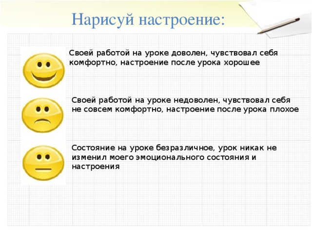 Нарисуй настроение: Своей работой на уроке доволен, чувствовал себя комфортно, настроение после урока хорошее Своей работой на уроке недоволен, чувствовал себя не совсем комфортно, настроение после урока плохое Состояние на уроке безразличное, урок никак не изменил моего эмоционального состояния и настроения