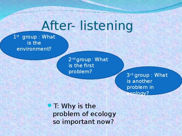After- listening 1 st group : What is the environment? 2 nd group : What is the first problem? 3 rd group : What is another problem in ecology?