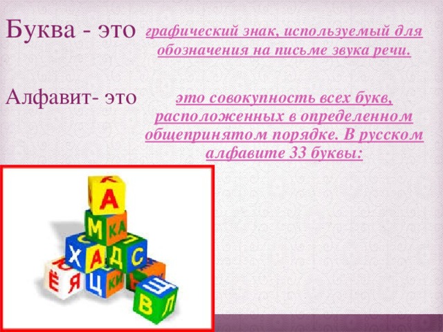 Буква - это графический знак, используемый для обозначения на письме звука речи. Алфавит- это это совокупность всех букв, расположенных в определенном общепринятом порядке. В русском алфавите 33 буквы: