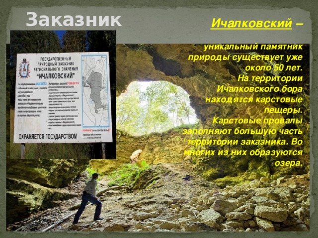 Заказник Ичалковский –  уникальный памятник природы существует уже около 50 лет. На территории Ичалковского бора находятся карстовые пещеры. Карстовые провалы заполняют большую часть территории заказника. Во многих из них образуются озера.