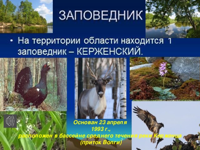 Основан 23 апреля 1993 г., расположен в бассейне среднего течения реки Керженца (приток Волги)  7