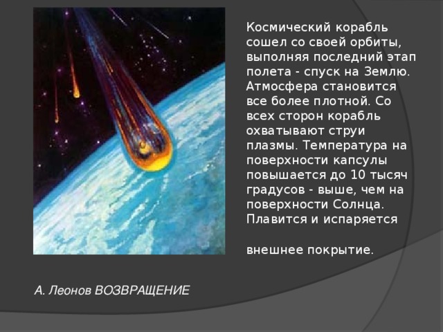 Космический корабль сошел со своей орбиты, выполняя последний этап полета - спуск на Землю. Атмосфера становится все более плотной. Со всех сторон корабль охватывают струи плазмы. Температура на поверхности капсулы повышается до 10 тысяч градусов - выше, чем на поверхности Солнца. Плавится и испаряется внешнее покрытие.  А. Леонов ВОЗВРАЩЕНИЕ