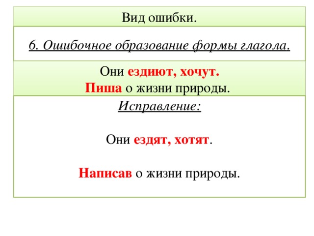 Вид ошибки. 6. Ошибочное образование формы глагола . Они ездиют, хочут. Пиша о жизни природы. Исправление: Они ездят, хотят . Написав о жизни природы.