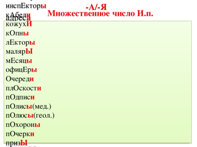 Множественное число И.п. -А/-Я -И/-Ы бухгАлтер ы адрес а  прожектор а воз Ы (=прожекторы) вОр ы вексел я вЫбор ы вензел я герб Ы директор а гОд ы доктор а гОспитал и инженЕр ы кител я инспЕктор ы кружев а кучер а кАбел и мастер а кожух И профессор а кОпн ы сорт а лЕктор ы сторож а маляр Ы шелк а мЕсяц ы офицЕр ы Очеред и плОскост и пОдпис и пОлис ы (мед.) пОлюс ы (геол.) пОхорон ы пОчерк и приз Ы прОстын и редАктор ы сажЕн и скИрд ы столяр Ы тОрт ы трЕрер ы шофёр Ы