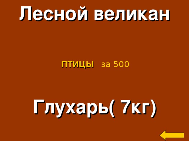 Лесной великан ПТИЦЫ  за 500 Глухарь( 7кг) Welcome to Power Jeopardy   © Don Link, Indian Creek School, 2004 You can easily customize this template to create your own Jeopardy game. Simply follow the step-by-step instructions that appear on Slides 1-3. 2