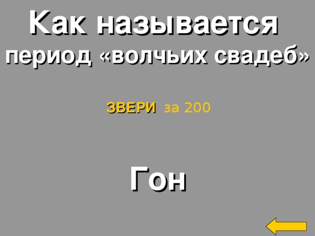 Как называется период «волчьих свадеб» ЗВЕРИ за 200 Гон Welcome to Power Jeopardy   © Don Link, Indian Creek School, 2004 You can easily customize this template to create your own Jeopardy game. Simply follow the step-by-step instructions that appear on Slides 1-3. 2